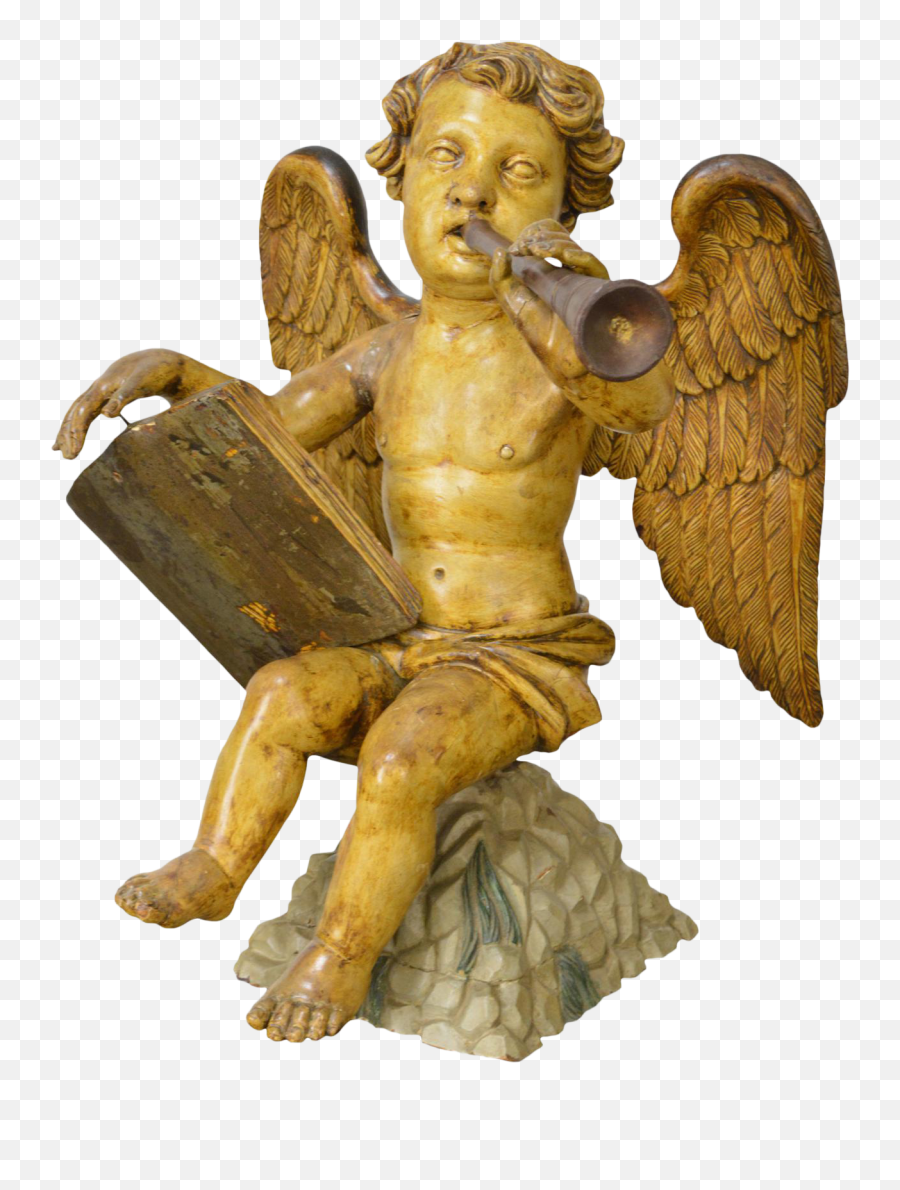 Italian 19th Century Antique Carved Wood Polychrome Angel Statue - The Thinker Png,Angel Statue Png