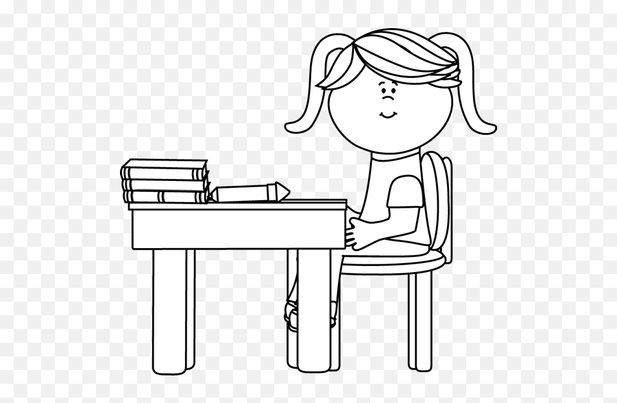 Black And White School Girl Sitting - Girl At Desk Clipart Black And White Of A School Girl Png,School Desk Png