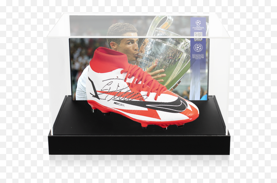 Cristiano Ronaldo Official Uefa Champions League Signed Red And White Nike Mercurial Cr7 Boot In Photo Acrylic Case Option 3 - Football Boot Png,Nike Kobe Icon