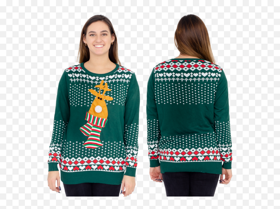 Ugly Christmas Sweater Rudolph Flashing Light Red Nose Reindeer Adult Green - Long Sleeve Png,Rudolph Nose Png