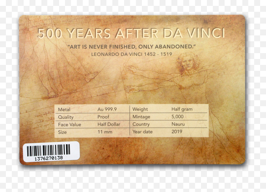 2019 Nauru 12 Gram Gold Proof Leonardo Da Vinci Vitruvian - Horizontal Png,Vitruvian Man Logo