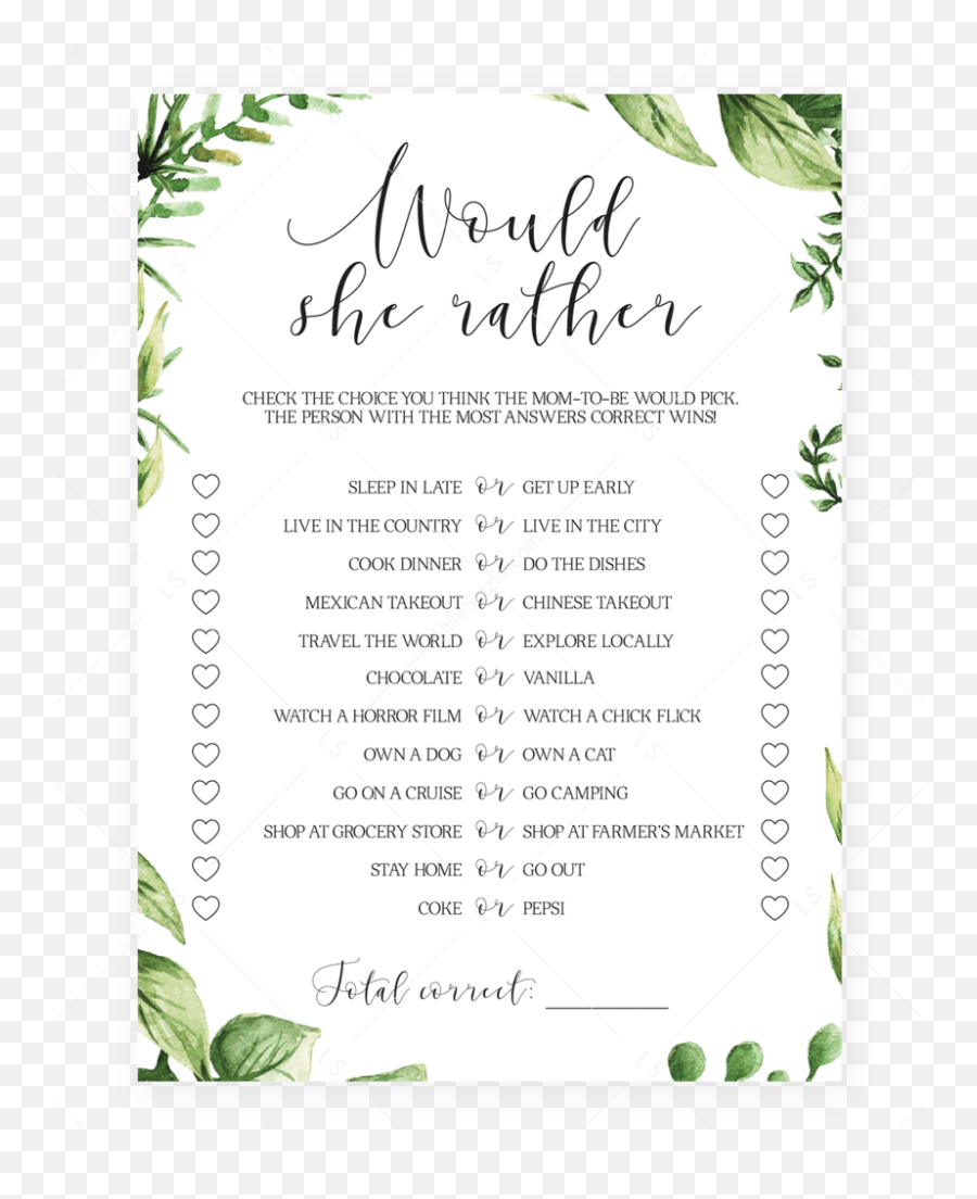 Watercolor Leaves Baby Shower Game Would She Rather Printable Png