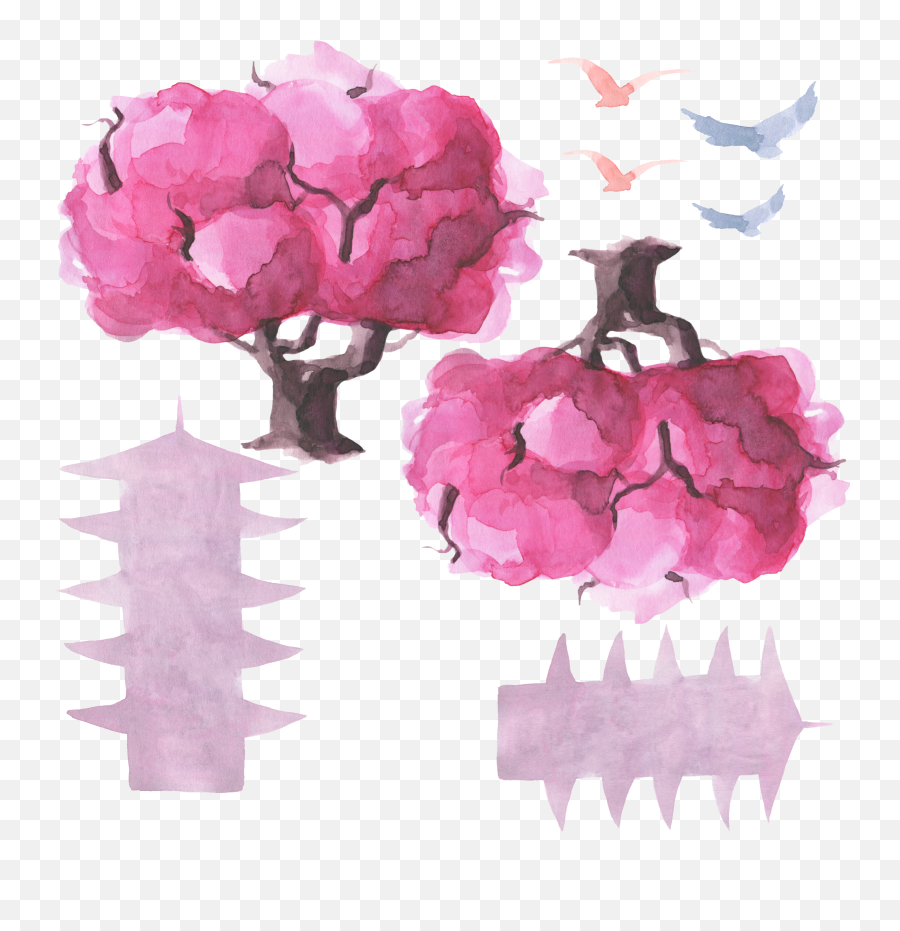 Cherry Blossom Tree Wall Decal Sakura Set - Isometric Cherry Blossom Tree Png,Cherry Blossom Tree Png