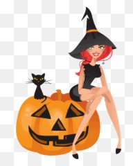 Cute Witch Sitting - Hexe Mit Halloween Kürbis png