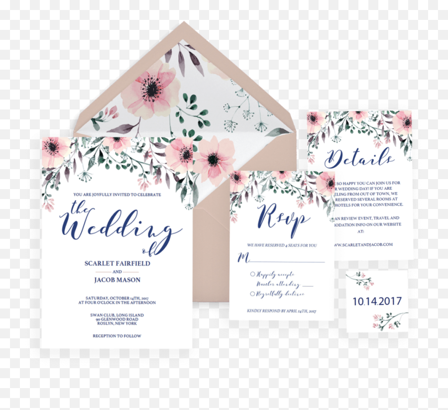 Floral Wedding Invitation Set - Pink Watercolor Flowers Set Of 8 Spg1 Wedding Reception Place Card Png,Pink Watercolor Png