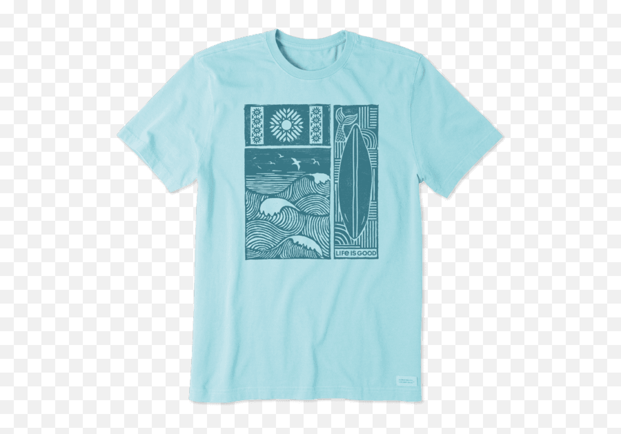 Menu0027s Woodblock Beach Crusher Tee Life Is Good Official Site - Life Is Good Quarantine Mate T Shirt Png,Icon Hella Pants