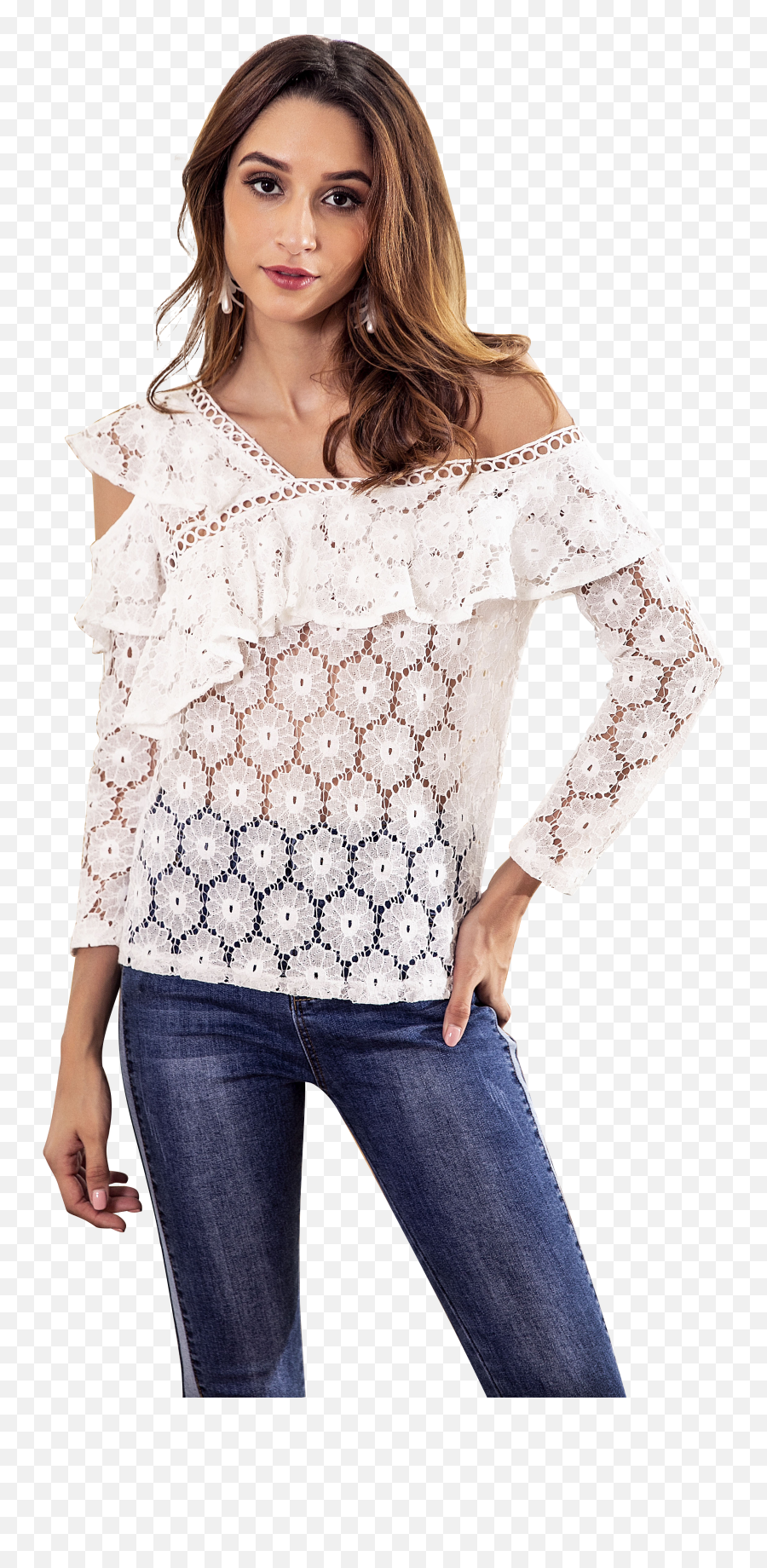 Download Hd White Lace Chic Top With Irregular Shoulder - Long Sleeve Png,White Lace Png