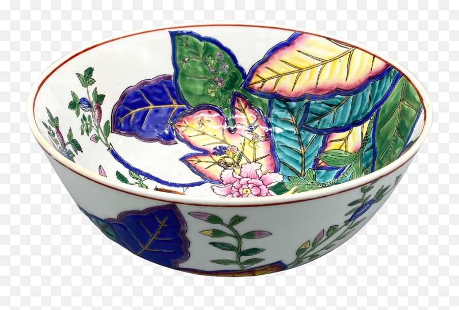 20th Century Chinoiserie Tobacco Leaf With Birds And Flowers Centerpiece Bowl - Serveware Png,Tobacco Leaf Png