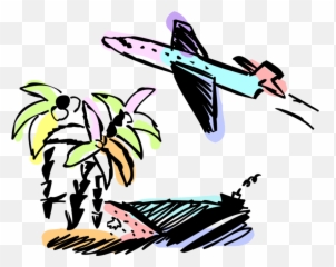 Airplane With Island Destination Palm Trees - Vector Image Logo Png