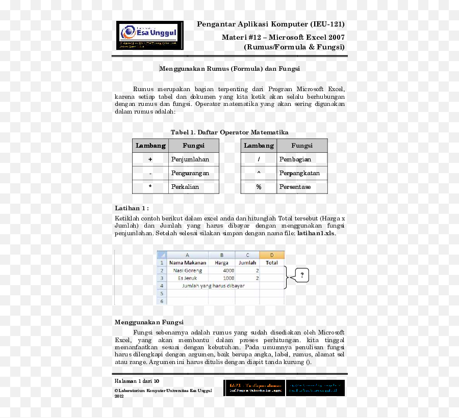 Materi Microsoft Excel 2007 U2013 Hal - Document Png,Fungsi Icon Microsoft Excel 2007