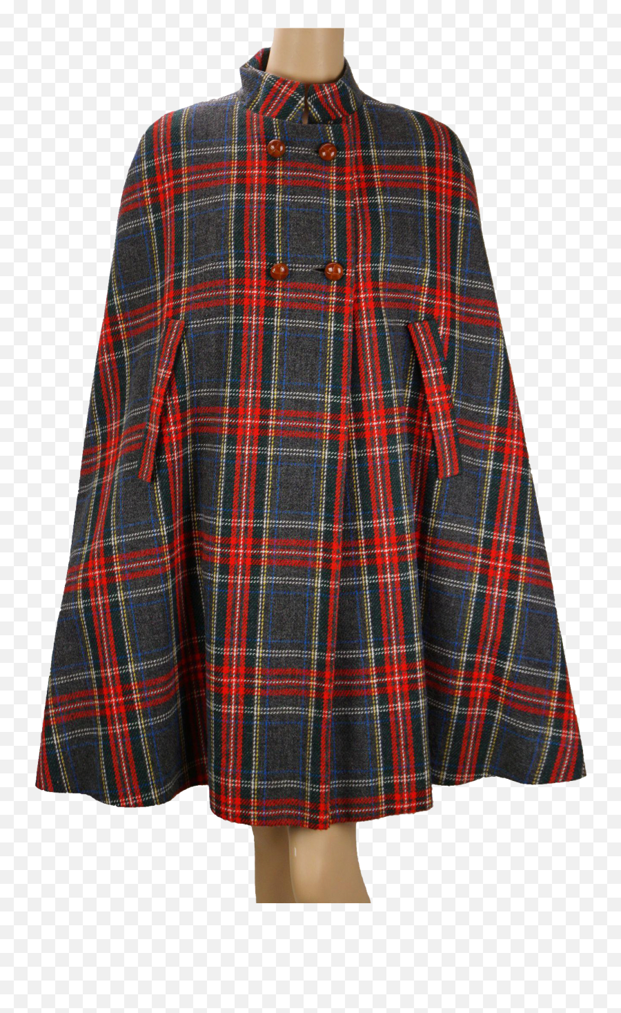 Download 70s Cape Red And Gray Plaid Wool Coat Outerwear - Plaid Png,70s Png