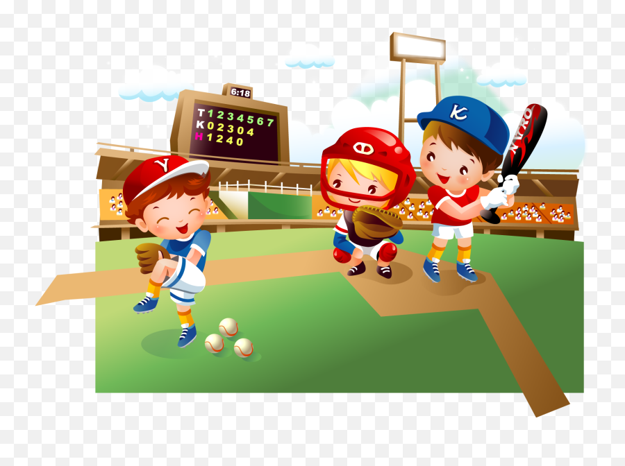 Download Hd Baseball Field Cartoon Child - Cartoon Kids Kids Playing Baseball Clipart Png,Cartoon Kids Png
