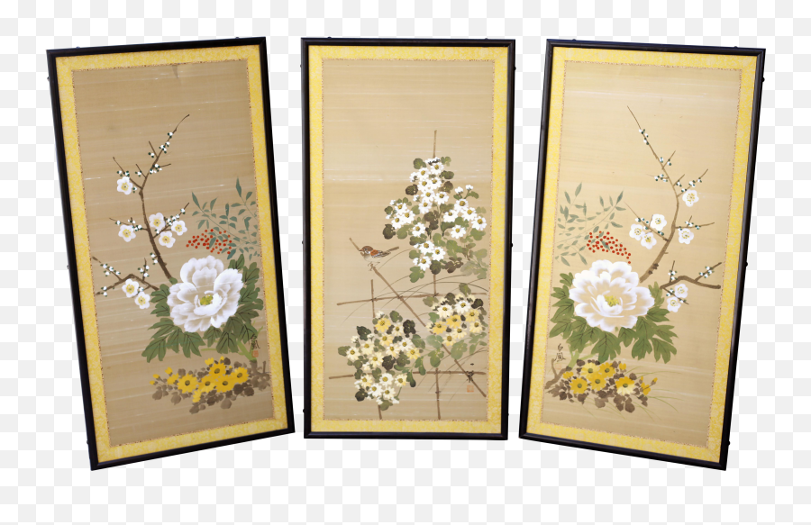 Vintage Hand - Painted Japanese Floral Panels In Black Lacquer Picture Frame Png,Japanese Flower Png