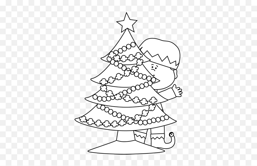 Black And White Elf Behind A Christmas Tree Clip Art - Black Decorate Christmas Tree Clipart Black And White Png,Tree Clipart Black And White Png