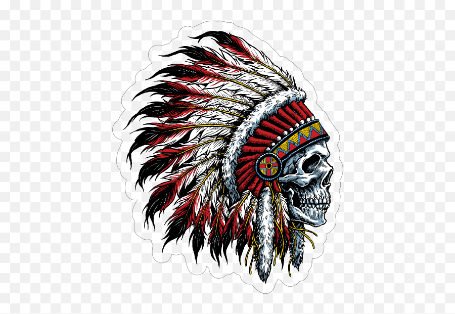 Native American Chief Skull With Headdress Sticker - Indian Head Skull Tattoo Png,Headdress Png
