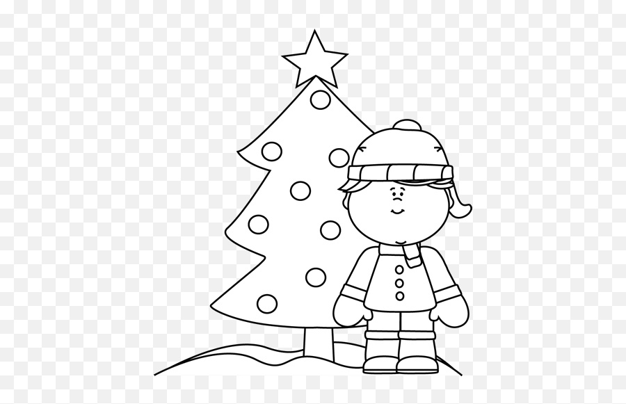 Black And White Girl Christmas Tree In The Snow Clip Art - Girl Christmas Clipart Black And White Png,Tree Clipart Black And White Png
