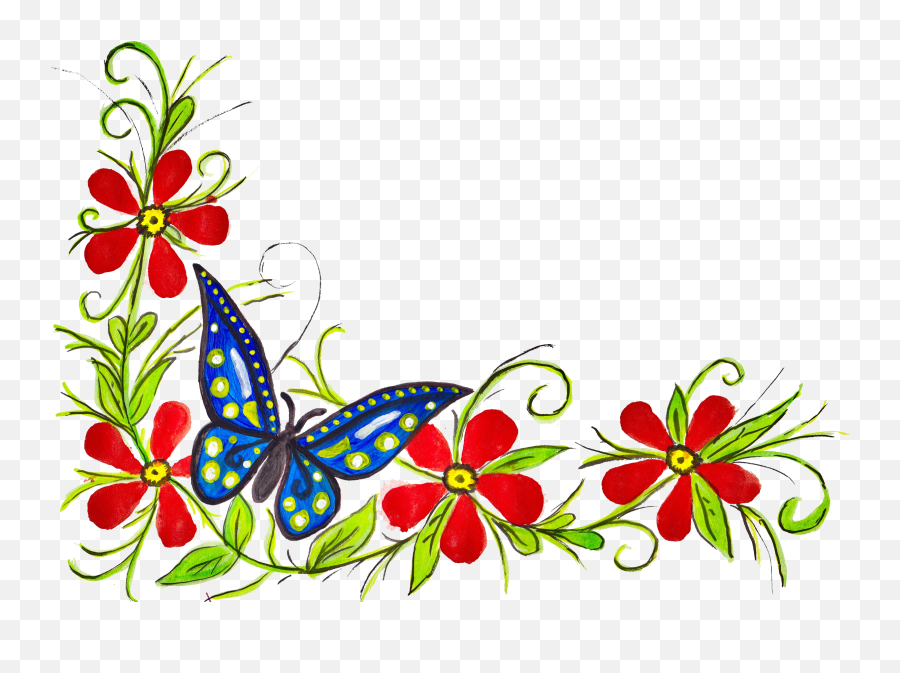 5 Flower Butterfly Corner Png Transparent Onlygfxcom - Flower Border Design With Butterfly,Blue Butterfly Transparent Background