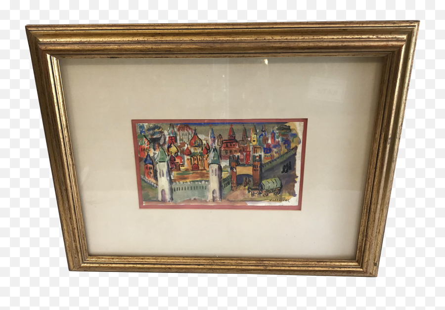 Vintage Watercolor Of A Village Scene In Gold Frame - Picture Frame Png,Modern Frame Png