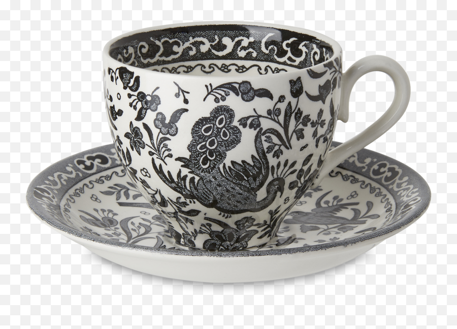 Burleigh Black Regal Peacock Teacup - Ceramic Tea Set Black And White Png,Teacup Png