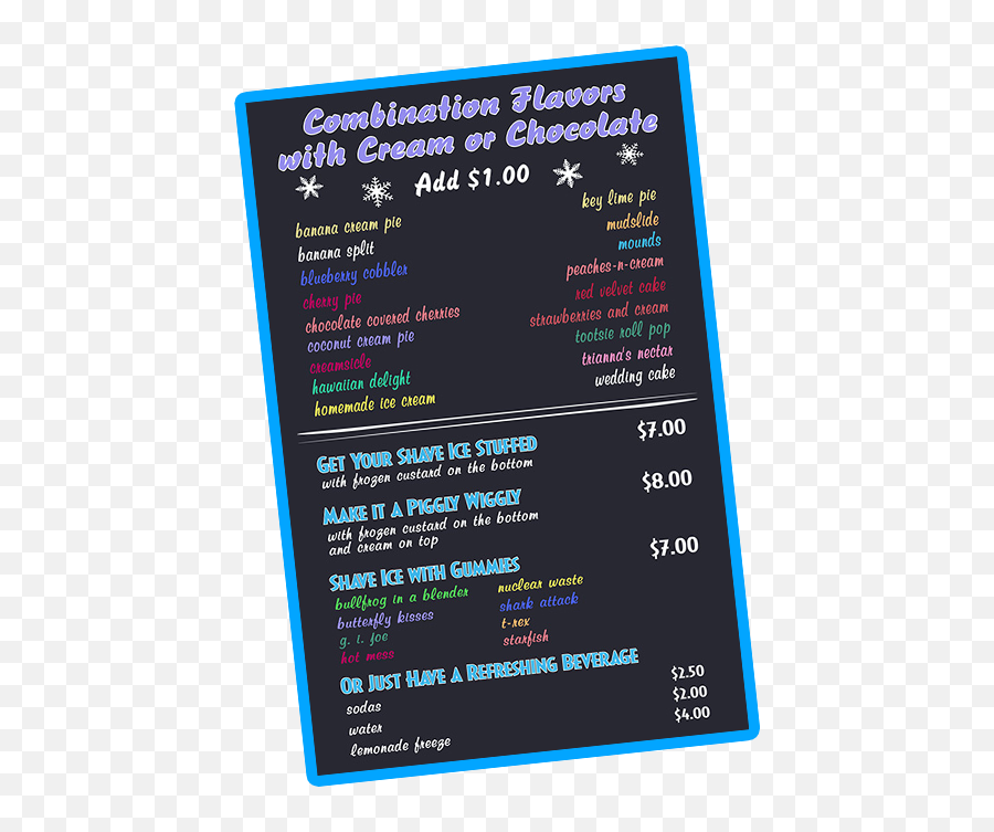 Shave Ice Flavors - Frost Bites Shaved Ice Ice Cream Menu Frostbites Ice Cream Menu Png,Snow Cone Png