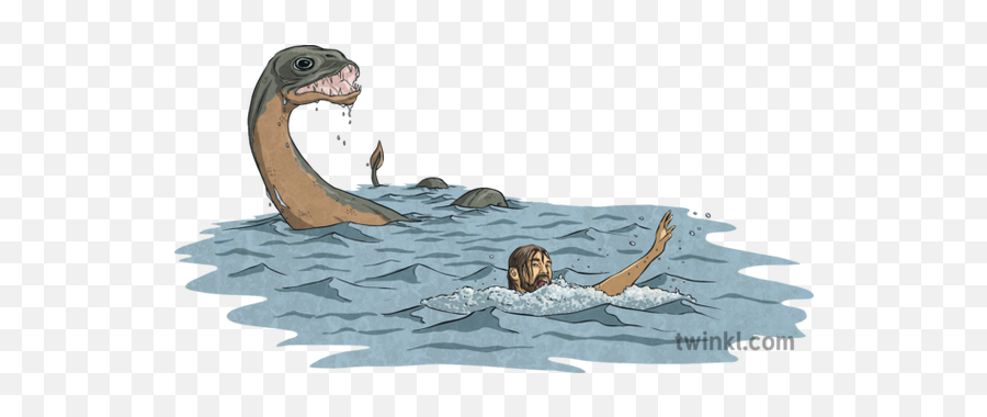 Loch Ness Monster Chasing Man In Water Illustration - Twinkl Illustration Png,Loch Ness Monster Png