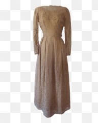 60u0027s Shiny Gold Dress With Tan Lace Overlay - Full Length png