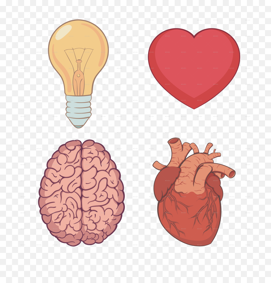 Heart Brain Bulb Cartoon Set - Brain Cartoon Png,Cartoon Brain Png