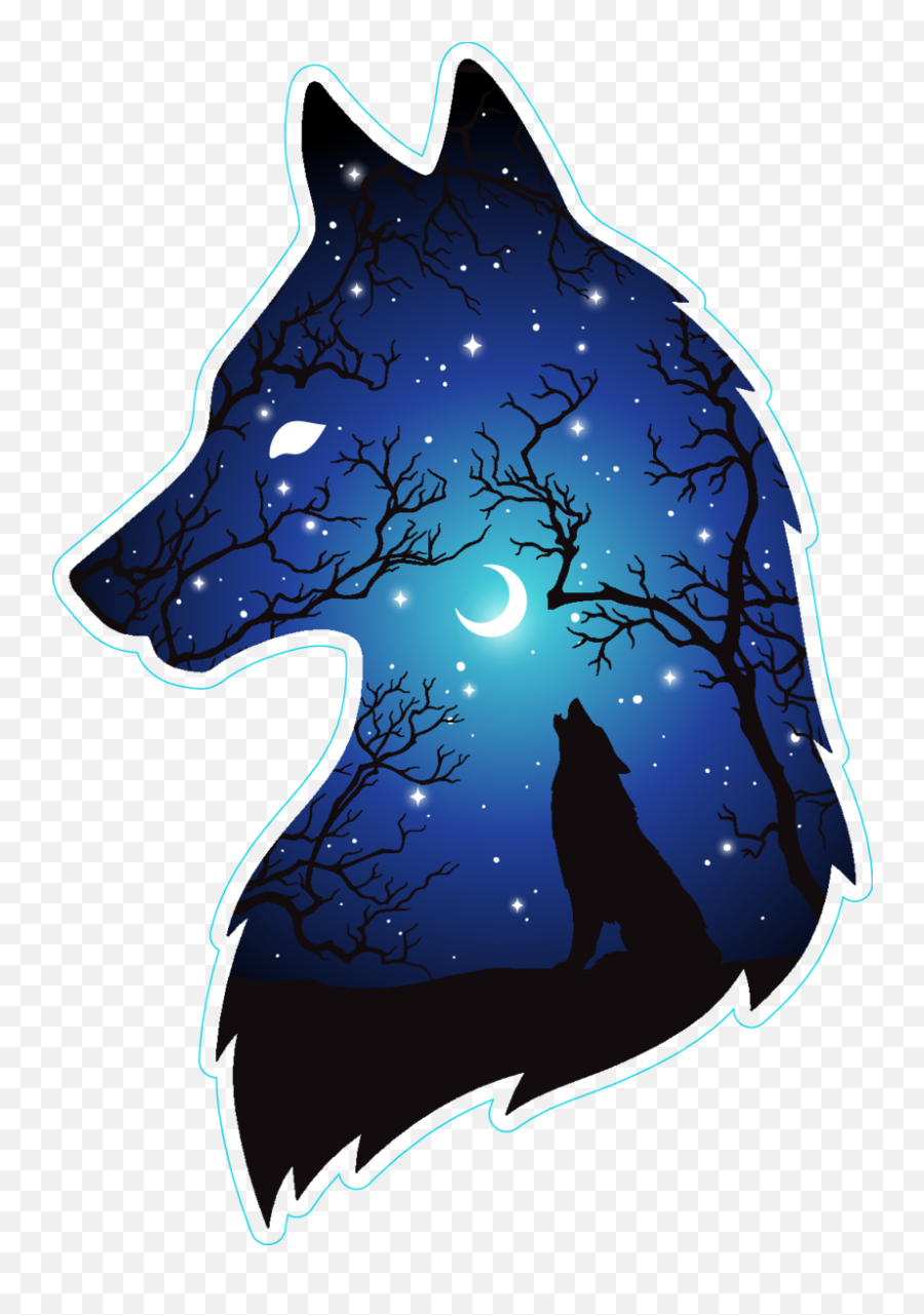 Silhouette Of Wolf Moon And Stars Double Exposure Sticker - Moon Wolf Png,Moon Silhouette Png