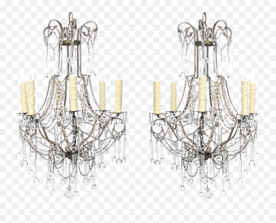 Italian 1960u0027s Cage - Frame Beaded 6light Chandeliers With Tear Drop Crystal Pendants A Pair Vertical Png,Tear Drop Transparent