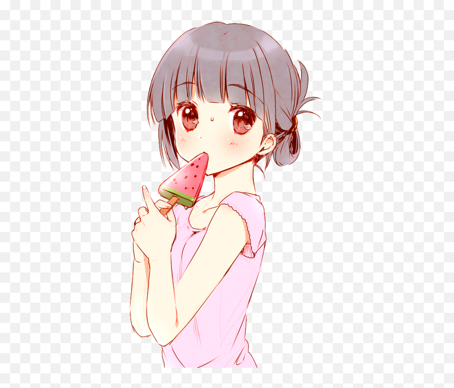 Girl Cute Kawaii Watermelon Popsicle - Cute Anime Girl Eating Png,Anime Blush Png