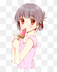 Girl Cute Kawaii Watermelon Popsicle - Cute Anime Girl Eating Png,Anime Blush Png