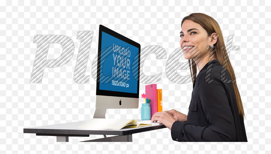 Placeit - Smiling Business Woman Working On Her Imac Mockup Chhattisgarh Renewable Energy Development Agency Png,Imac Mockup Png