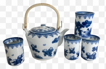 Vintage Japanese Nabeshima Porcelain Teapot Set U0026 4 Cups Blue And White Collectible Asian Decor - Pot png