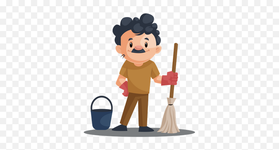 Best Premium Cleaning Man With Mop And Bucket Illustration - Illustration Png,Mop And Bucket Icon