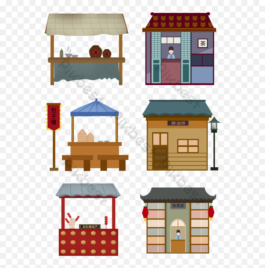 Ancient Shops Flattened Chinese Buildings And Houses Png Kiosk Icon Vector