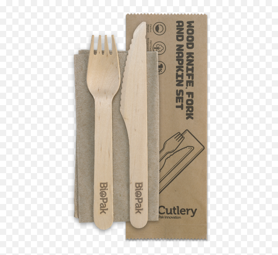 16cm Coated Wood Knife Fork And Napkin Set - 400pcs Biopak Cutlery Png,Fork Knife Png