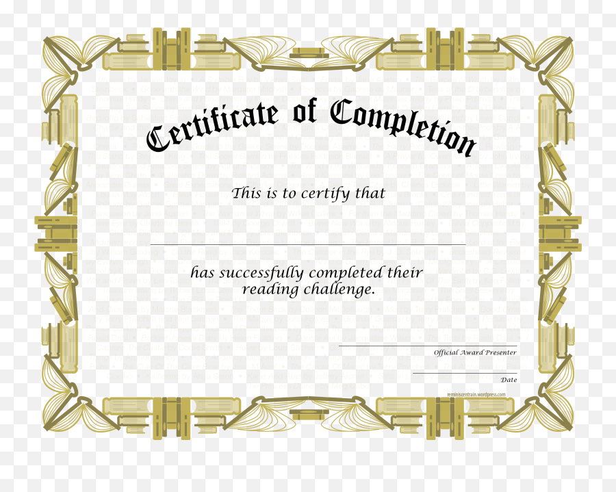 Download Reading Challenge Certificate - Certificate Of Completion Png,Certificate Png