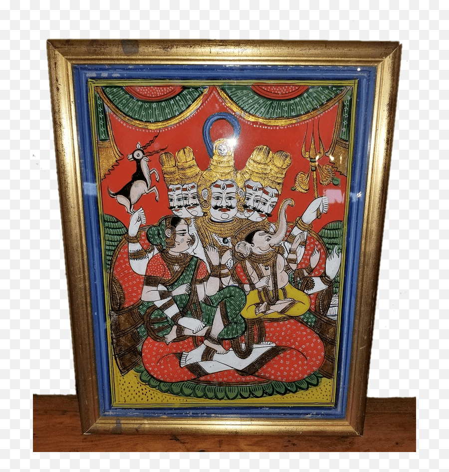 19c Reverse Glass Painting Of Shiva Parvati And Ganesh From - Reverse Glass Painting Antique Png,Murano Art Deco Collection Arch Glass Icon