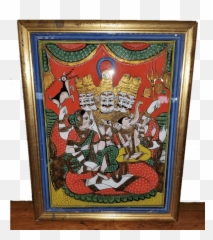 19c Reverse Glass Painting Of Shiva Parvati And Ganesh From - Antique png
