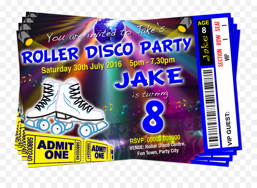 Roller Skating Disco Theme Blue Ticket Style Party Invitation Png Invited