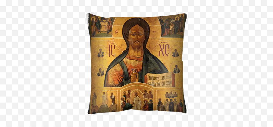 Throw Pillow Antique Orthodox Icon Jesus Christ With Scenes - Pravoslavné Ikony Png,Jesus Icon Orthodox