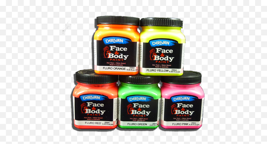 Derivan Fluoro Glow In The Dark Face And Body Paint 250ml Jars - Face Paint For Sale Png,Face Paint Png