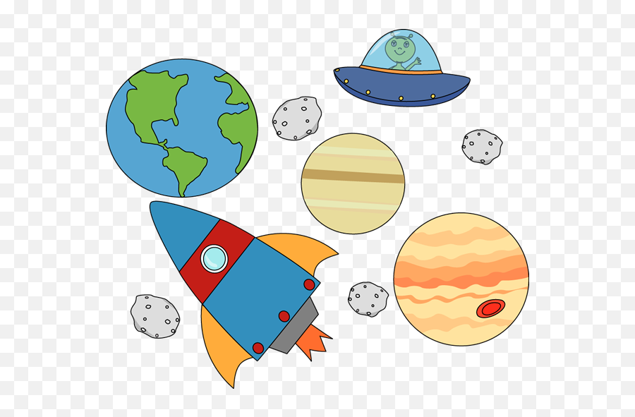 Download Rocket And Ufo Flying Through - Space Vocabulary For Kids Png,Space Clipart Png