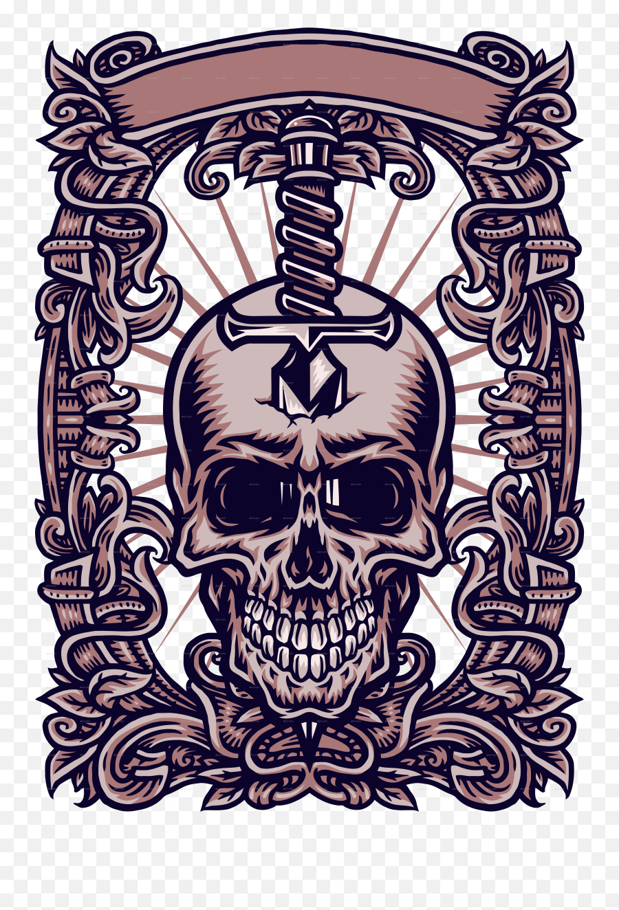 Skull Knife With Ornate Frame - Skull Frame Png,Knife Tattoo Png