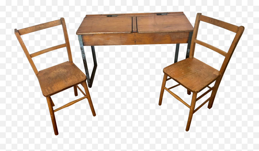 Antique Rustic Double Childrenu2019s School Desk With 2 Chairs - 3 Pieces Folding Chair Png,School Desk Png