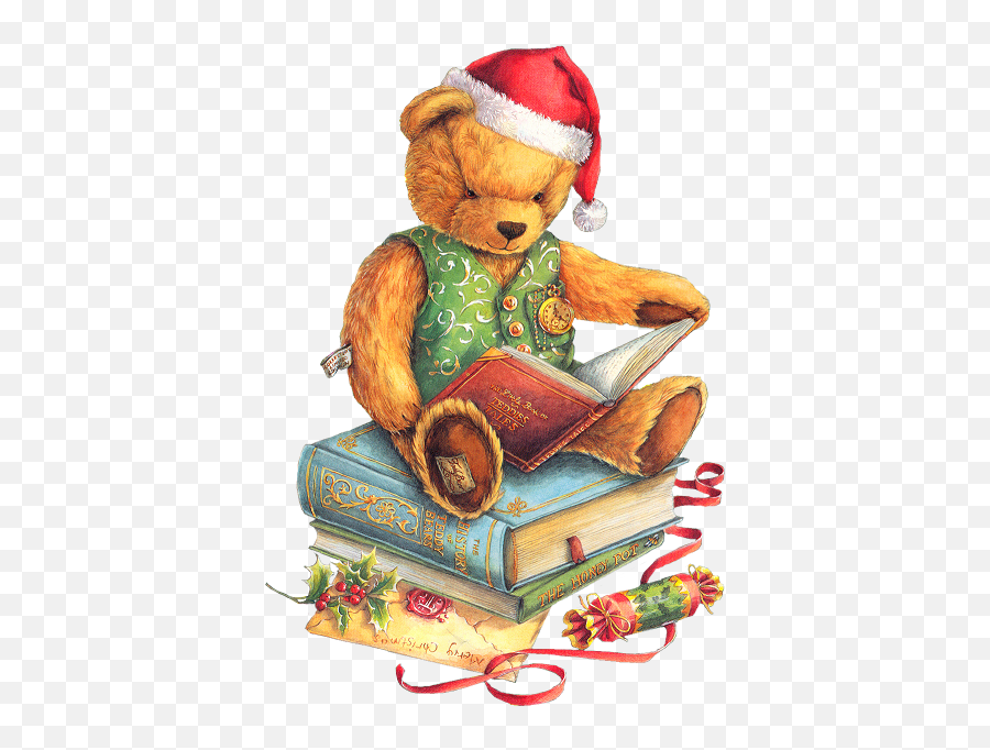 Christmas Teddy Bear With Santa Hat And Books Png Clipart - Teddy Bear Christmas Png,Santa Hat Clipart Png