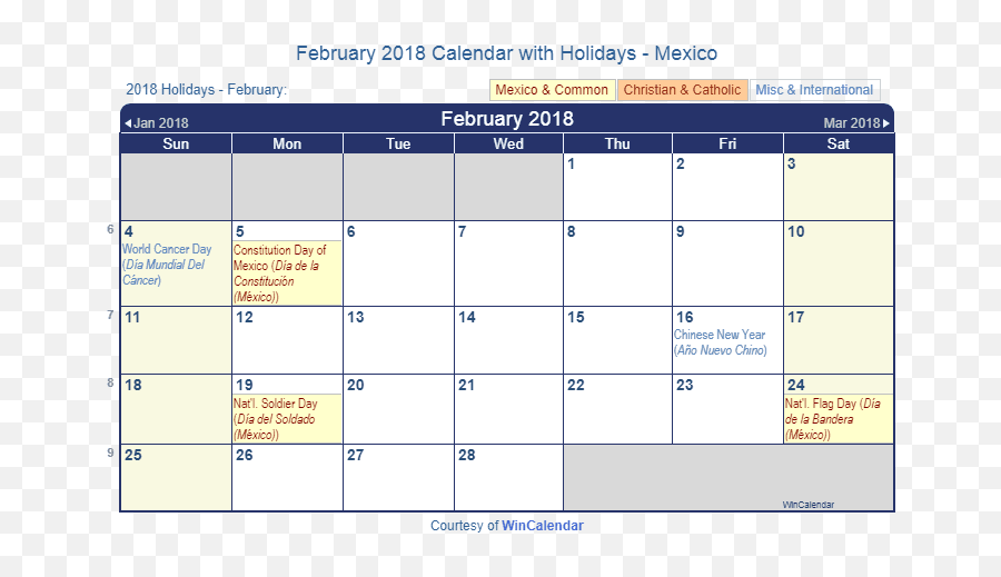 Print Friendly February 2018 Mexico Calendar For Printing - April 2017 Calendar With Holidays Canada Png,Bandera De Mexico Png