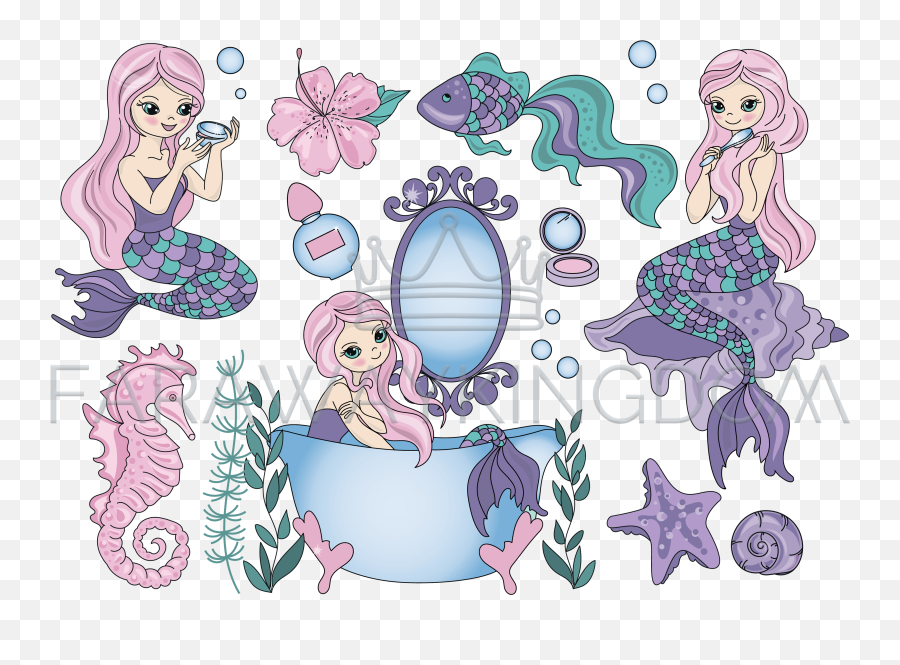 Purple Mermaid Underwater Tropical Vector Illustration Set - Cartoon Purple Mermaid Png,Mermaid Transparent Background