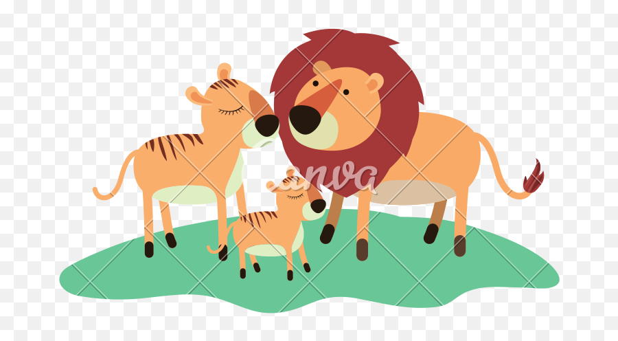 Cartoon Lions Couple And Cub Over Grass In Colorful - Leones Animados Png,Cartoon Grass Transparent