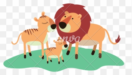 Cartoon Lions Couple And Cub Over Grass In Colorful - Leones Animados Png,Cartoon Grass Transparent